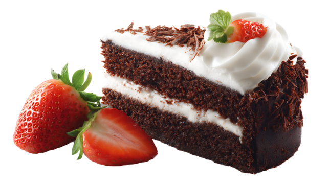 Chocolate cake slice with frosting and strawberries, isolated on a white background