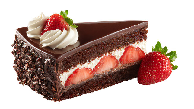 Chocolate cake slice with frosting and strawberries, isolated on a white background