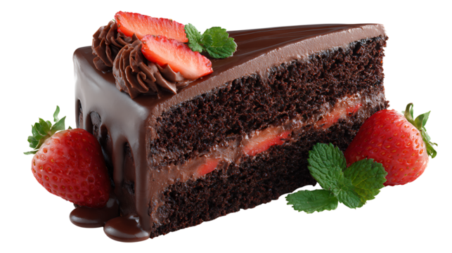 Chocolate cake slice with frosting and strawberries, isolated on a white background