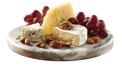 French cheese board with grapes and nuts, isolated on a white background. 