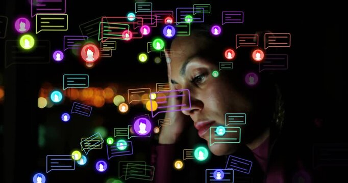 Hand emerging in dark with phone spawning neon notifications while woman scrolling social media