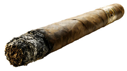 Cigar with ash at the tip, detailed texture, isolated on a white background