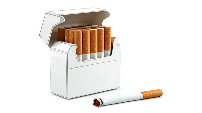 Pack of cigarettes, open box with sticks inside, isolated on a white background