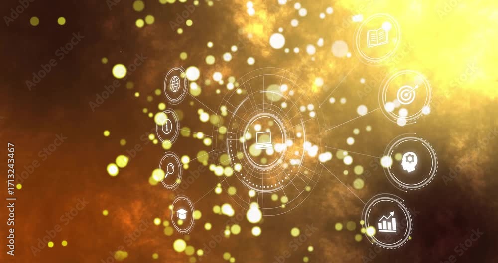 Poster as bokeh drifting sparking hud pulsing rotating rings revealing data icons, illustrating network