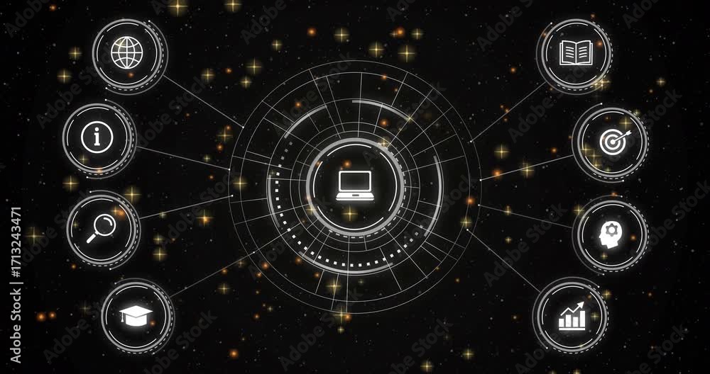 Poster at launch rings animating around computer icon, icons fading and connecting, forming hologram menu