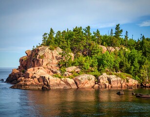 Rocky shoreline with lush greenery