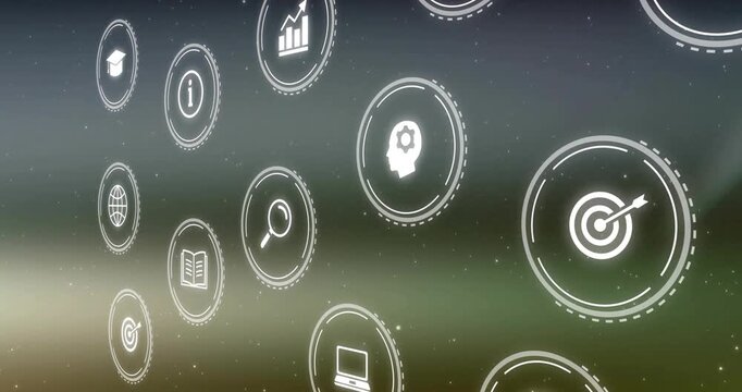 Camera panning and zooming triggers floating hologram icons rotating to highlight digital interface