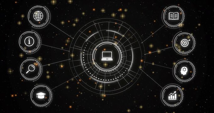 At launch rings animating around computer icon, icons fading and connecting, forming hologram menu