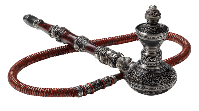 Hookah with detailed hose, traditional design, isolated on a white background