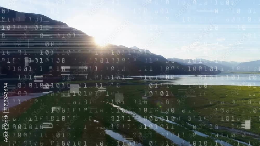 Poster sun peeking over ridge starting binary digits scrolling across valley dawn representing data stream