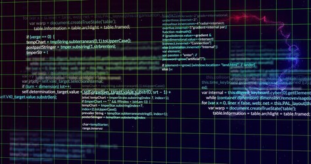 Neon-green wireframe grid emerging from void, scrolling code and pulsating wave to visualize data - Powered by Adobe