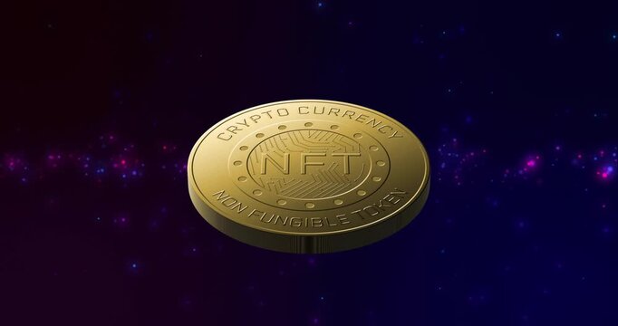 On load golden NFT coin rotating around vertical axis showcasing crypto details in digital space