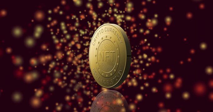 At animation start golden NFT coin rotating amid particles showcasing engravings on mirror floor