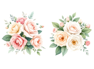 Pink and Cream Rose Bouquets with Green Leaves - Isolated on Transparent Background

