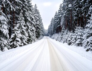 Fototapeta premium Snowy road through a pine forest