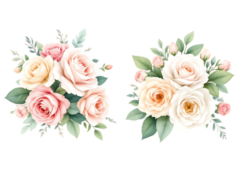 Pink and Cream Rose Bouquets with Green Leaves - Isolated on Transparent Background