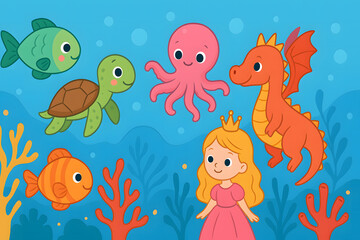 Fototapeta premium Colorful Underwater Cartoon Scene with Cute Sea Animals and Coral