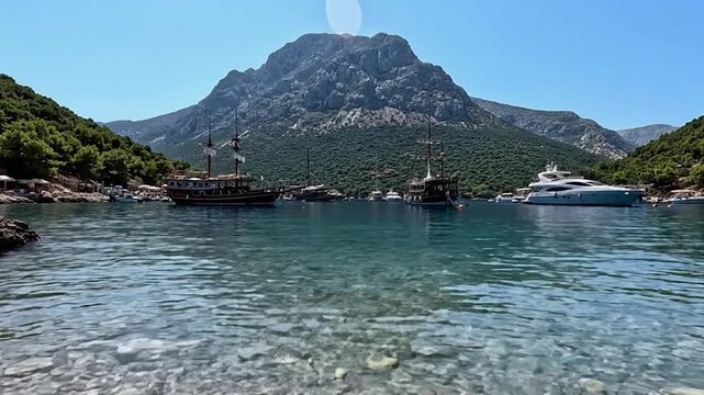 Idyllic Scene of a Beautiful Mountain Bay with Crystal-Clear Turquoise Water and Tourist Ships
