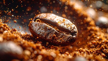 Generated Image: Hyper-detailed macro shot of the inside of a coffee bean grinding, showing textured surfaces and tiny particles mid-air.