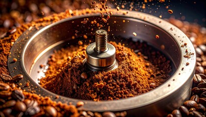 Generated Image: Hyper-detailed macro shot of the inside of a coffee bean grinding, showing textured surfaces and tiny particles mid-air.