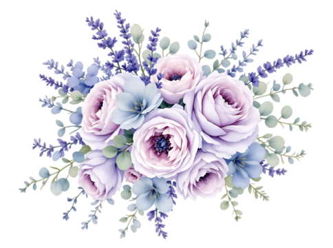 Watercolor Bouquet with Purple Roses, Lavender, and Blue Flowers, Isolated on Transparent Background

