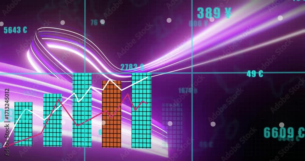 Poster neon ribbons initiating grid while bars growing, lines animating visualizing currency and temperat