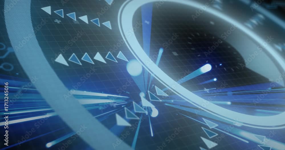Poster digital grid with ring rotating as glowing sphere pulling arrows inward, creating light burst