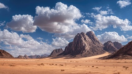 A vast desert landscape under a vibrant blue sky filled with puffy white clouds, dramatic rocky mountains rise in the distance