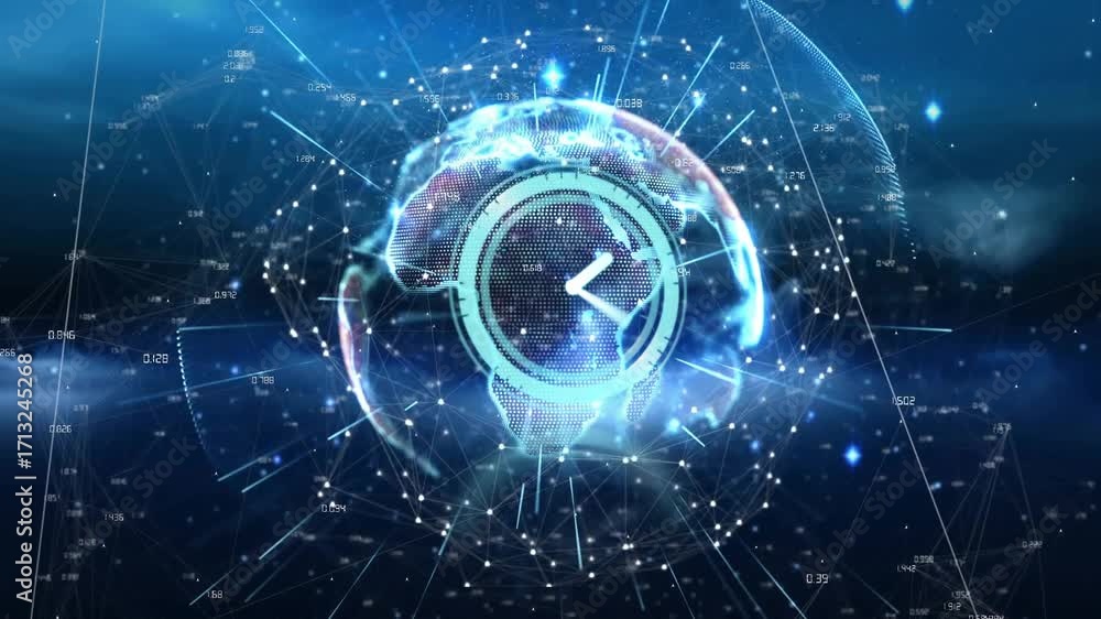 Poster sphere emerging globe with clock fading and ticking, network pulsing globe rotating showing time