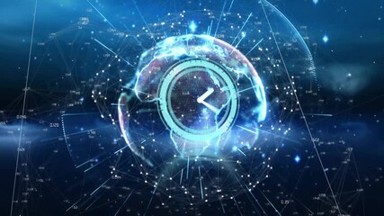 sphere emerging globe with clock fading and ticking, network pulsing globe rotating showing time - Powered by Adobe