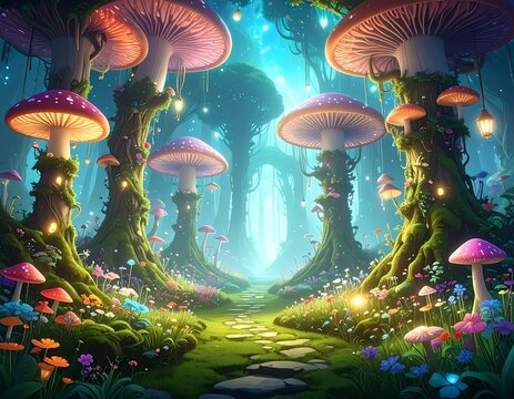 Magical mushroom forest path