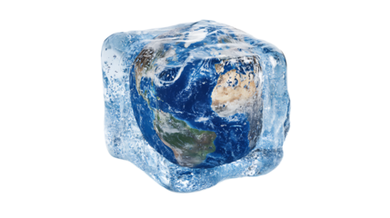 Melting ice cube with a miniature Earth inside, climate change concept, isolated on a white background