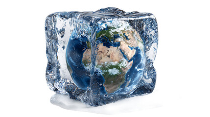 Fototapeta premium Melting ice cube with a miniature Earth inside, climate change concept, isolated on a white background