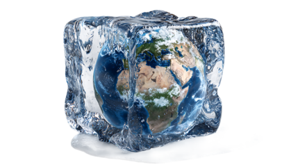 Melting ice cube with a miniature Earth inside, climate change concept, isolated on a white background