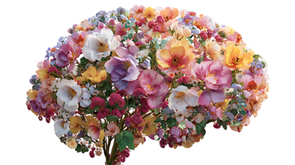 Human brain made of blooming flowers, creativity concept, isolated on a white background.