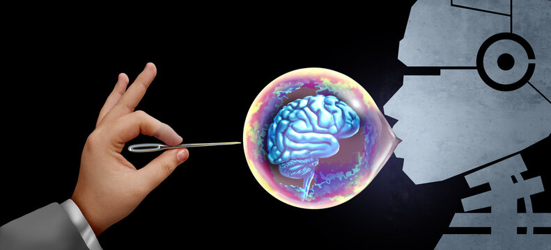 AI Technology Bubble and Artificial Intelligence Market risk as fear or Economic tech bubbles danger as overhyped Stock market speculation concept and overvalued technologies economy.