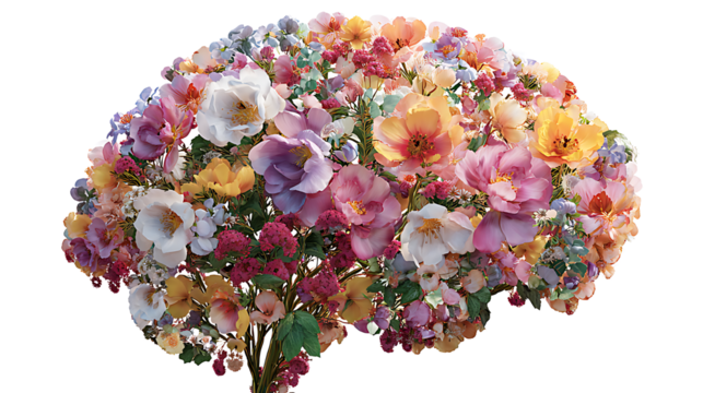 Human brain made of blooming flowers, creativity concept, isolated on a white background.