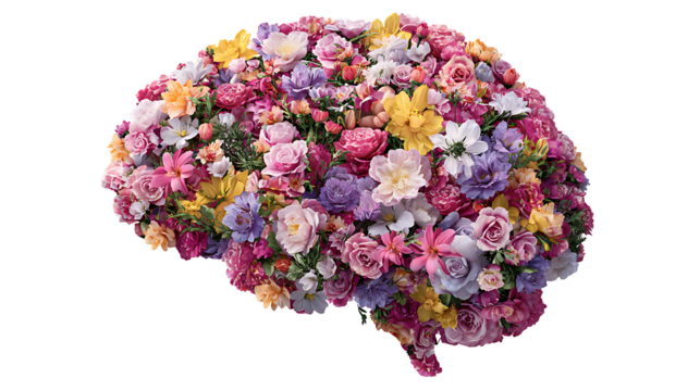 Human brain made of blooming flowers, creativity concept, isolated on a white background. - Powered by Adobe