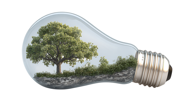 Tree growing inside a light bulb, sustainability concept, isolated on a white background