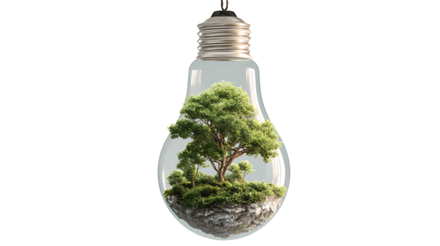Tree growing inside a light bulb, sustainability concept, isolated on a white background