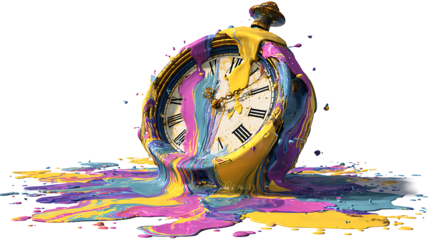 Clock melting into a puddle of vibrant paint, surrealism and time concept, isolated on a white background