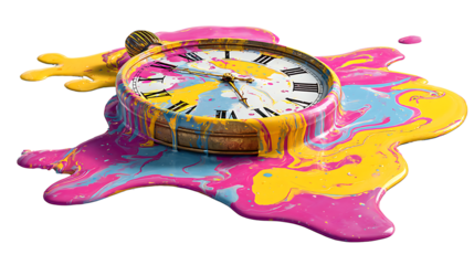 Clock melting into a puddle of vibrant paint, surrealism and time concept, isolated on a white background