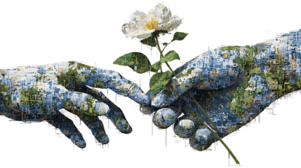 Pair of hands made of digital pixels holding a real flower, human-AI collaboration concept, isolated on a white background