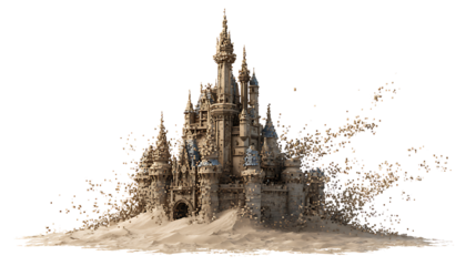 Sand castle dissolving into pixels, fleeting memories concept, isolated on a white background.