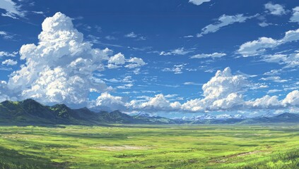 Vast grassy plain stretches beneath a vibrant sky filled with fluffy clouds and distant mountains