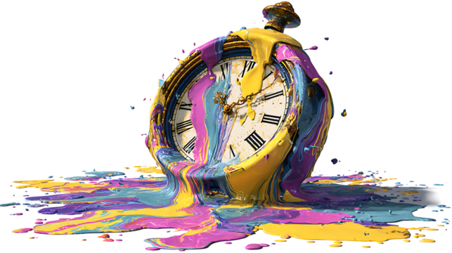 Clock melting into a puddle of vibrant paint, surrealism and time concept, isolated on a white background