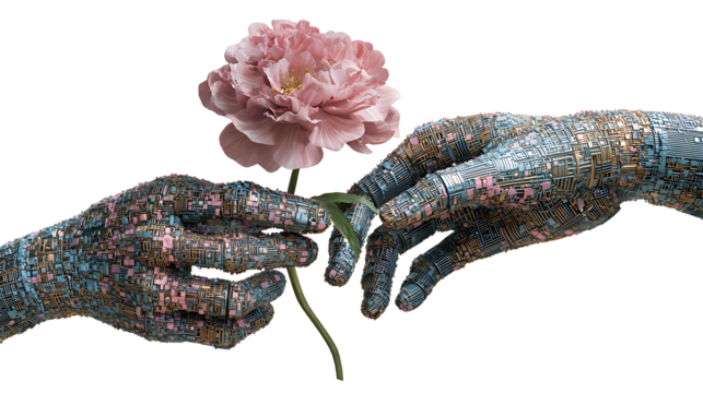 Pair of hands made of digital pixels holding a real flower, human-AI collaboration concept, isolated on a white background - Powered by Adobe