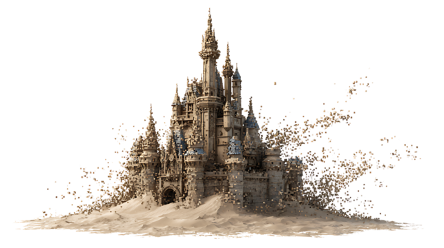 Sand castle dissolving into pixels, fleeting memories concept, isolated on a white background.