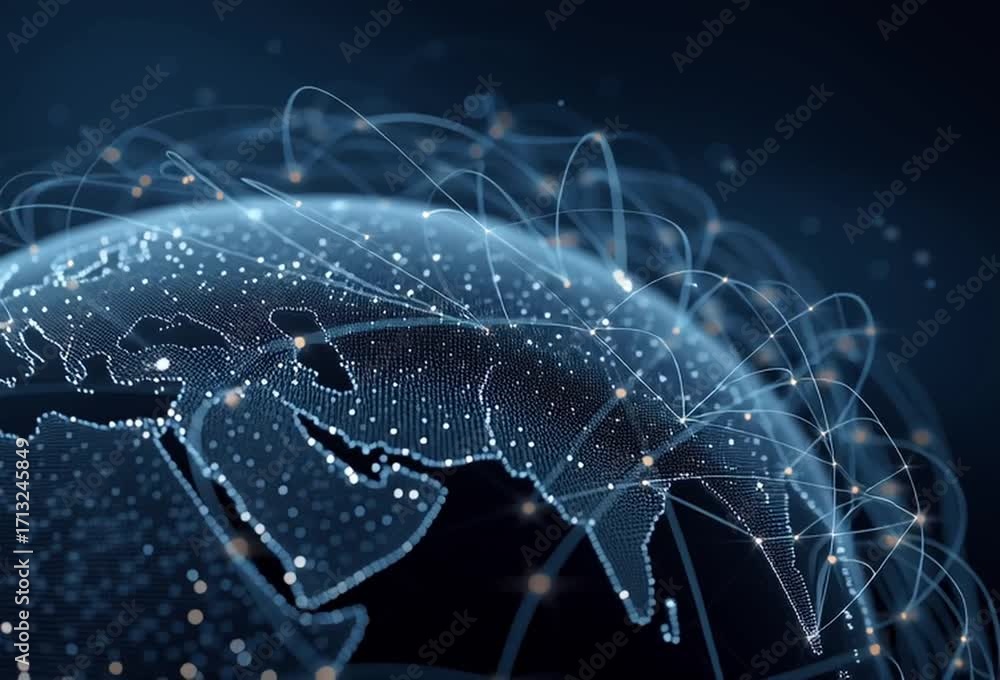 Poster a digital globe with glowing connections representing global connectivity and data flow, set against