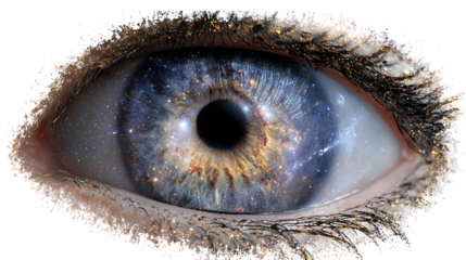 Human eye with galaxy inside the iris, vision concept, isolated on a white background